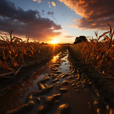 Sunset over corn field with reflection in puddle. 3d renderの素材
