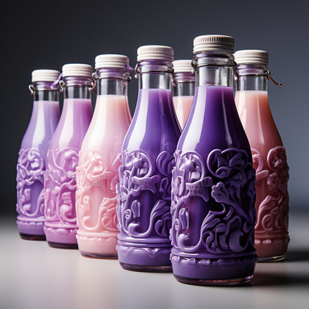 Bottles of berry smoothie on gray background. Toned.の素材