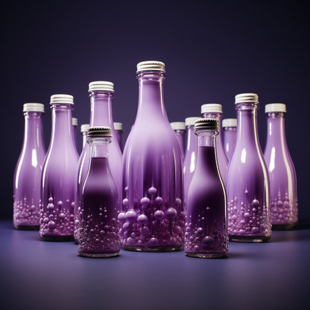 Purple glass bottles with beads on a dark purple background. 3d renderingの素材