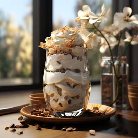 Tasty tiramisu dessert in glass cup on wooden table, closeupの素材