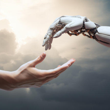 Robot hand giving helping hand to another hand on cloudy sky background.Human index finger touch robot index finger.Michelangelo's Creation of Adam conceptの素材