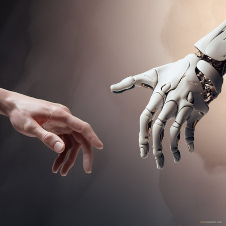 Human and robot hand touching each other on grey background. 3D rendering.Human index figner touch robot index finger.Michelangelo's Creation of Adam conceptの素材