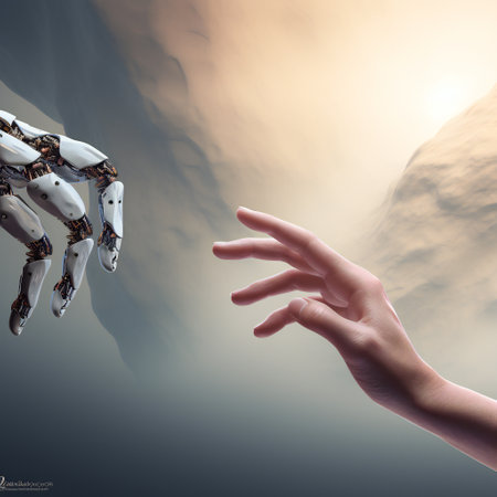Robot hand touching human hand on sky background. Artificial intelligence concept. 3D Rendering.Human index figner touch robot index finger.Michelangelo's Creation of Adam conceptの素材