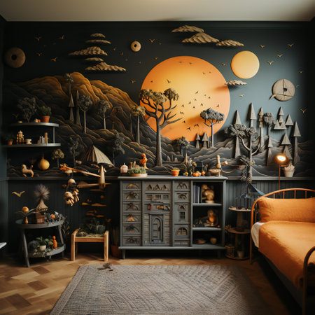 3d render of a childrens room with a huge moon on the wallの素材