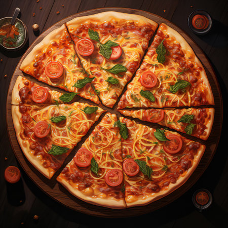 Pizza with cheese, tomato and basil on a wooden table.の素材