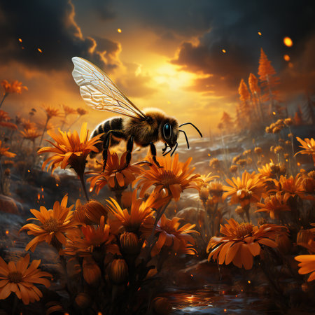 Honeybee on a flower at sunset. 3d illustration.の素材