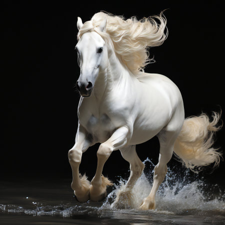 White arabian stallion with long mane running in water on black backgroundの素材