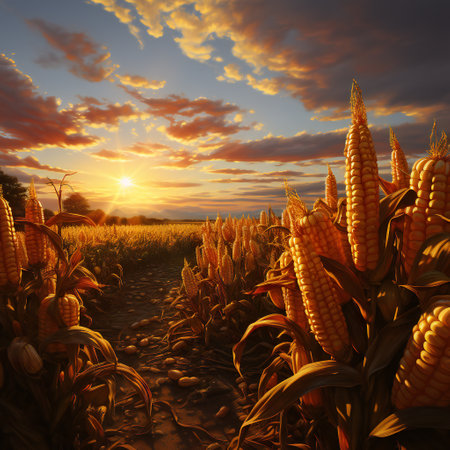 Ripe corn on the field at sunset. 3D illustration.の素材