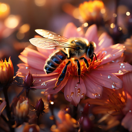 Honey bee collecting nectar on pink dahlia flower.の素材