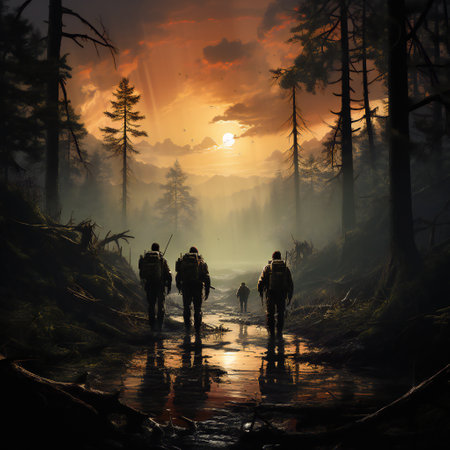 Silhouette of a group of people walking in the forest at sunset.の素材