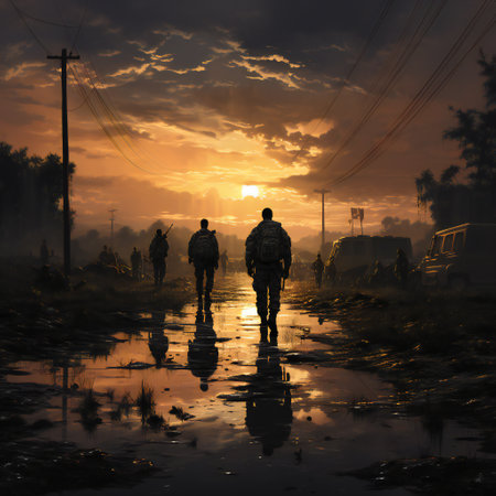 Silhouette of a group of people walking in the middle of a puddle at the sunsetの素材