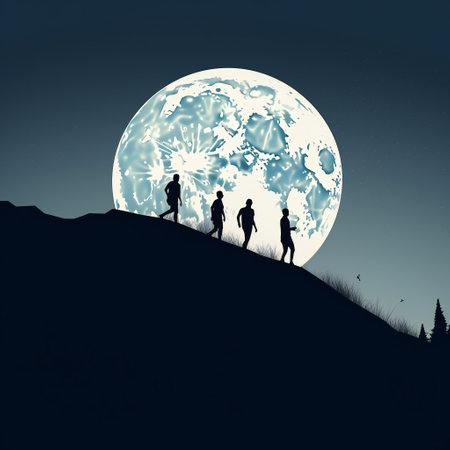 Silhouette of a group of people on the hill with full moon backgroundの素材