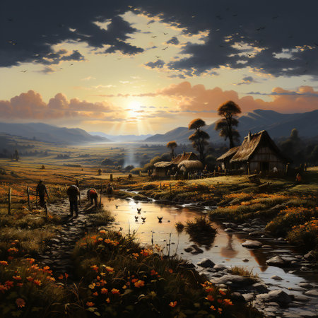 Sunset over the valley in the countryside,3d render.の素材