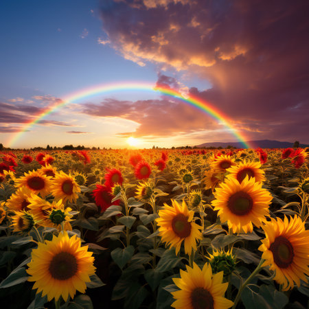 Sunflower field at sunset with rainbow in the sky. Nature backgroundの素材