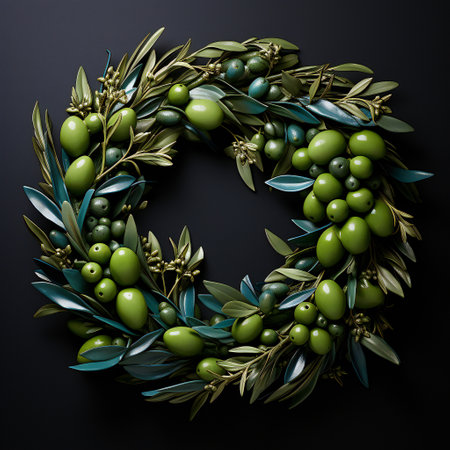 Olive wreath with green olives and branches on black backgroundの素材