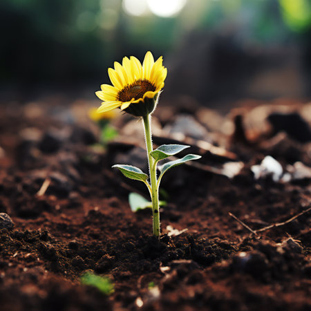 Sunflower seedling growing in the soil. Selective focus.の素材