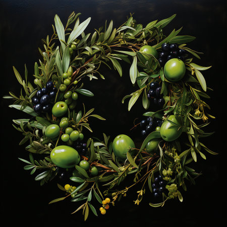 Wreath of green and black olives on a black background.の素材