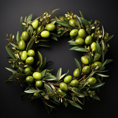 Olive wreath with green olives on black background. Top view.の素材