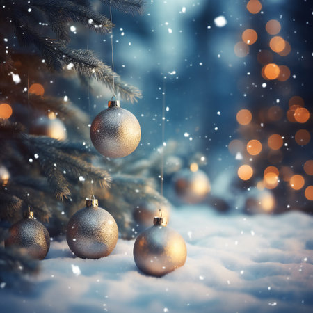Beautiful Christmas background with christmas tree, balls and bokehの素材