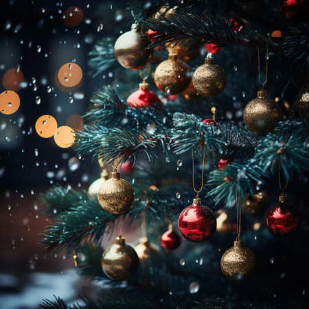 Christmas tree decorated with gold and red balls, snowfall and bokehの素材