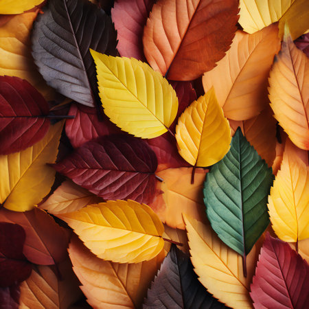Colorful autumn leaves as background, top view. Seasonal foliageの素材