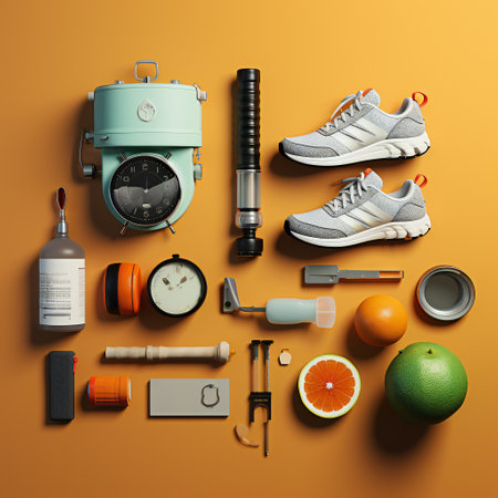 Flat lay composition with sport equipment on orange background. Top viewの素材