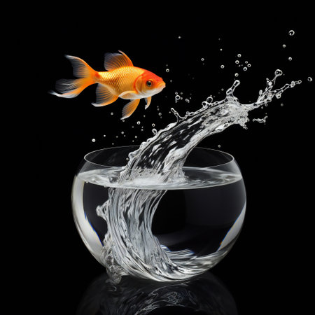 Goldfish jumping into a glass bowl with water splash on black backgroundの素材