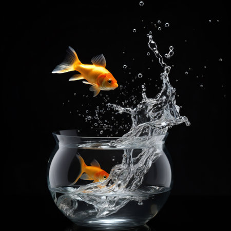 Goldfish jumping out of the water. Isolated on black backgroundの素材