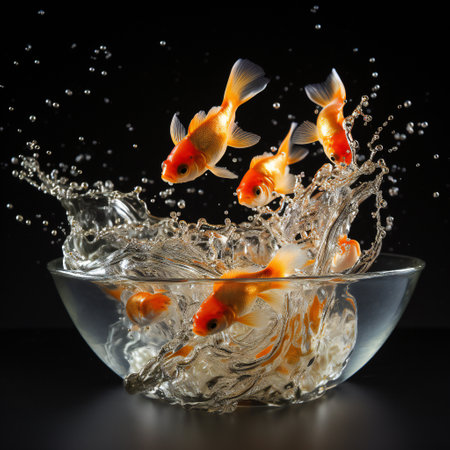 Goldfish jumping in water with splash on black background, close upの素材