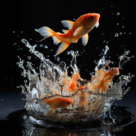Goldfish splashing in water. Isolated on black background.の素材