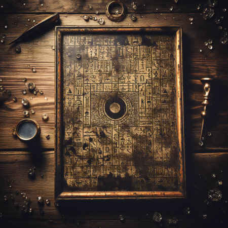 Ancient greek alphabet on a wooden table. Vintage style toned pictureの素材