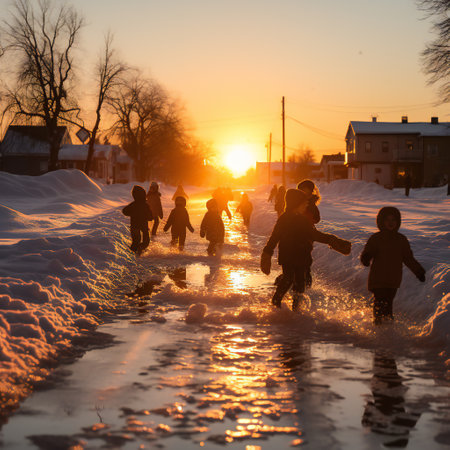 Children playing on a frozen lake in the winter at sunset. Children play outdoors in the snow.の素材