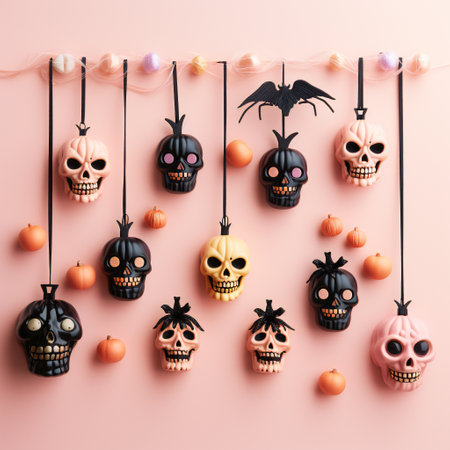 Halloween decorations with pumpkins and candies on pink background.の素材