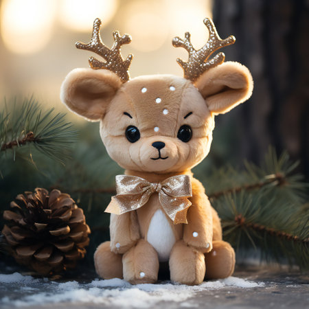 Christmas toy deer on a background of fir branches and pine cones.の素材