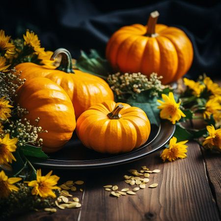 Autumn still life with pumpkins and yellow flowers on wooden backgroundの素材