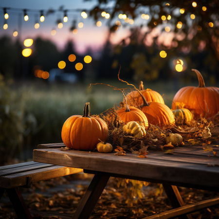 Halloween pumpkins on wooden table with bokeh background.の素材