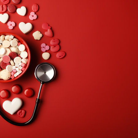 Stethoscope, heart and pills on red background, top viewの素材