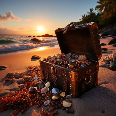 Treasure chest on the beach at beautiful sunset. Collage.の素材