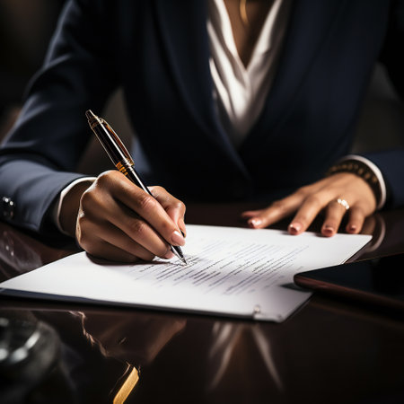 Close-up of businesswoman signing contract at table in office.の素材