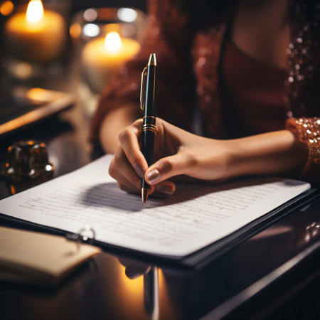 Close up of female hands writing on a book with a pen.の素材