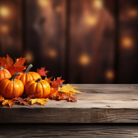 Autumn background with pumpkins, leaves and bokeh lightsの素材