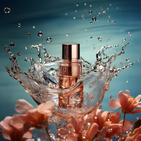 Perfume bottle with water splash and flowers on blue background.の素材