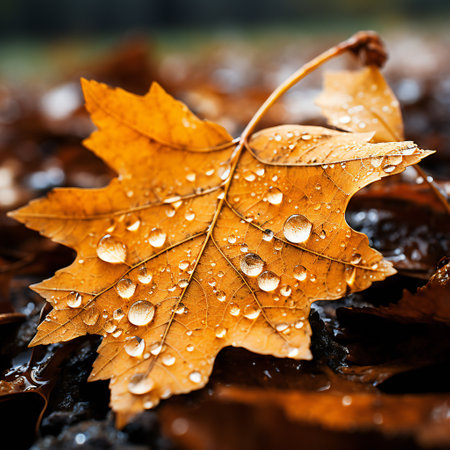 Autumn leaves and water drops in the forest. Selective focusの素材