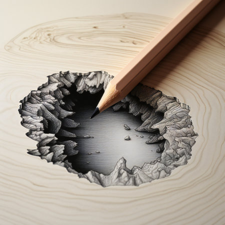 Wooden pencil and a hole in a wooden board, closeupの素材