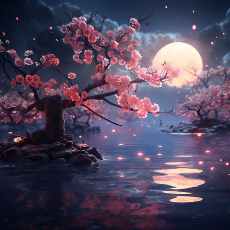 cherry blossom in full moon night, 3d render illustrationの素材