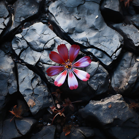 Red cosmos flower on the black lava. Beautiful background. Selective focus.の素材