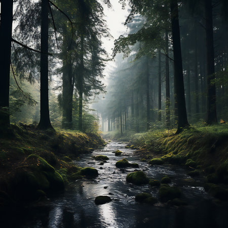 Mysterious dark forest with a river in the fog. Magical landscape.の素材
