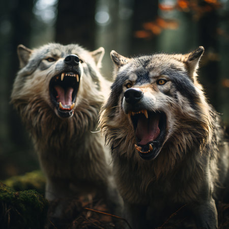 Two wolf howls in the forest. Wild animals in the nature.の素材