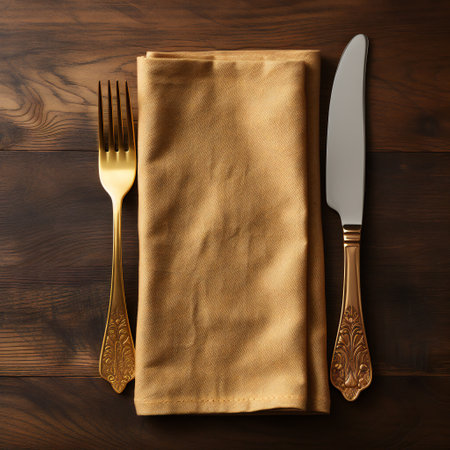 Knife, fork and napkin on wooden background. Top viewの素材