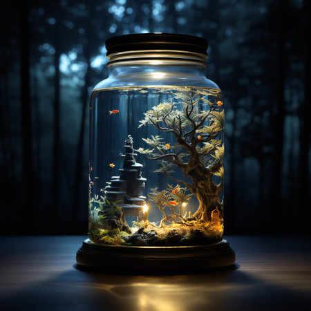Beautiful fantasy landscape in a glass jar. 3D rendering.の素材